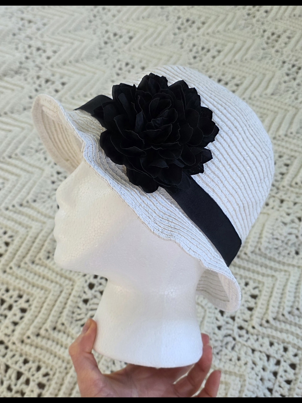 White House Black Market White Hat with Black Floral Accent